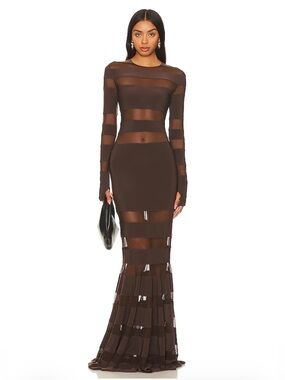 NWT Norma Kamali Spliced Mesh Fishtail Gown Chocolate XXS